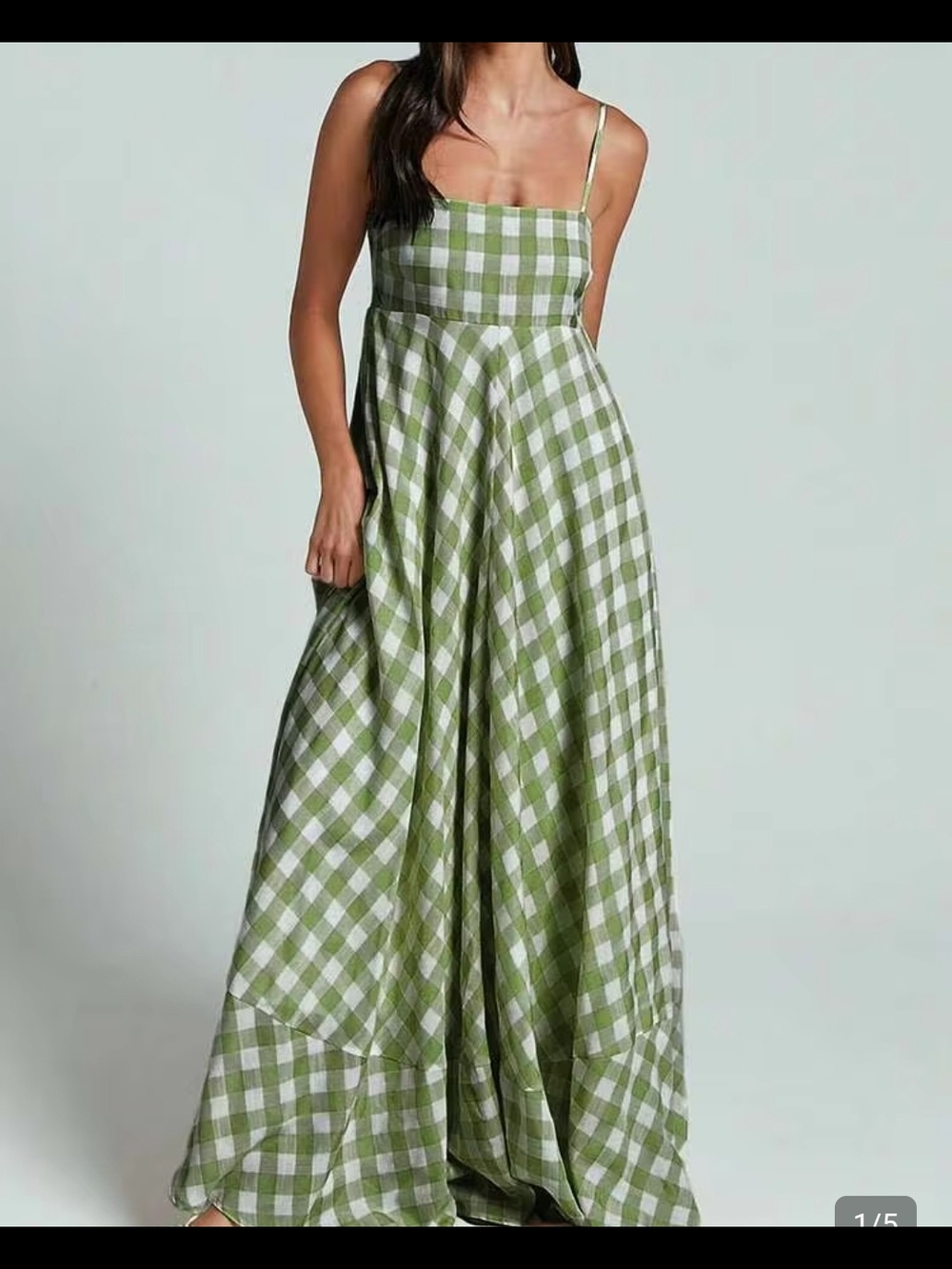 Full Length Summer Green & White Gingham Maxi Dress Sz- M
